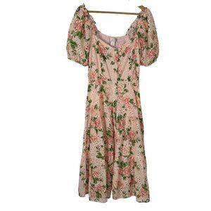 Rachel Parcell Floral Eyelet Lace Midi Dress Womens XS Cottagecore Prairie Pink